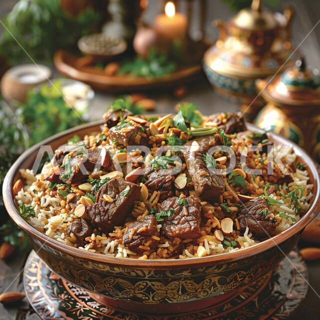 Beef and rice with almonds dish, healthy meat recipes rich in protein, delicious oriental foods, healthy foods with high nutritional value, the art of food presentation in restaurants and kitchens in the Kingdom of Saudi Arabia, delicious popular Arabic dishes meals