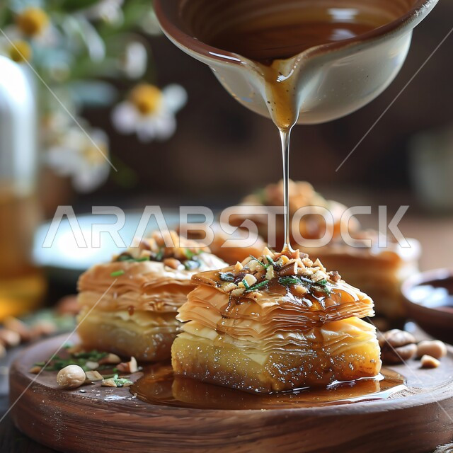 حلويات لذيذة  بالمكسرات، ضيافة الأعياد والمناسبات في المملكة العربية السعودية، أكلات غنية بالسكريات والسعرات الحرارية، وصفات الأطعمة العربية الشرقية، قطع البقلاوة الشهية على الطريقة التقليدية المزينة بالجوز والمرشوشة بالعسل الشهي