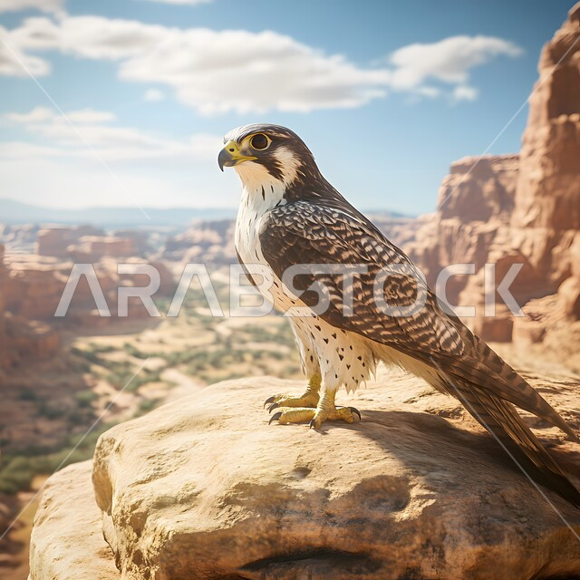 نسر مهيب يقف على صخرة يستعد للطيران واصطياد الفرائس, تنوع الثروة الحيوانية في المملكة العربية السعودية, مفهوم قوة وحدة البصر، الطيور الجارحة في المناطق الطبيعية الصحراوية، التضاريس الصخرية وسلاسل الجبال من الصخور والتشكلات الرملية في البيئة الجافة