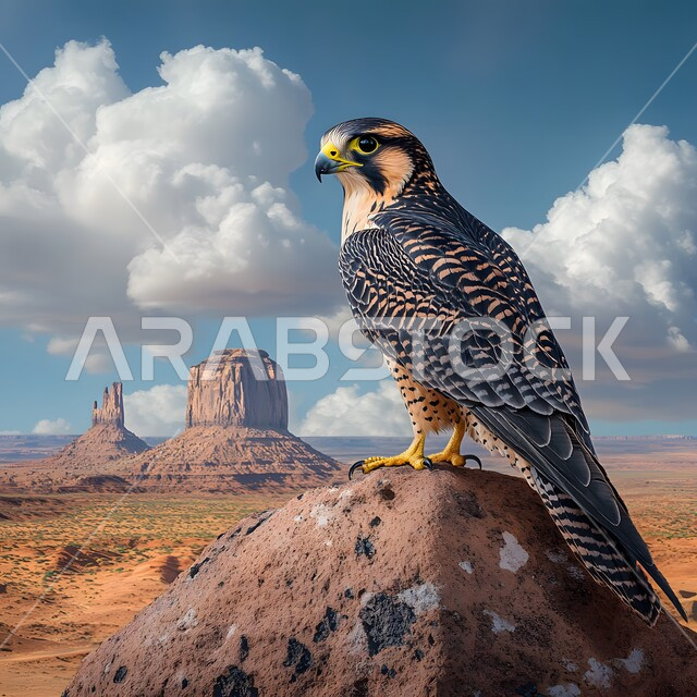 نسر مهيب يقف على صخرة يستعد للطيران واصطياد الفرائس, تنوع الثروة الحيوانية في المملكة العربية السعودية, مفهوم قوة وحدة البصر، الطيور الجارحة في المناطق الطبيعية الصحراوية، التضاريس الصخرية وسلاسل الجبال من الصخور والتشكلات الرملية في البيئة الجافة