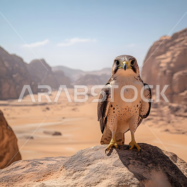 نسر مهيب يقف على صخرة يستعد للطيران واصطياد الفرائس, تنوع الثروة الحيوانية في المملكة العربية السعودية, مفهوم قوة وحدة البصر، الطيور الجارحة في المناطق الطبيعية الصحراوية، التضاريس الصخرية وسلاسل الجبال من الصخور والتشكلات الرملية في البيئة الجافة