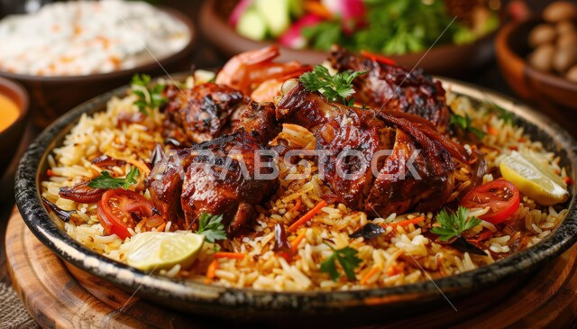   مطابخ ومطاعم المملكة العربية السعودية ،  ولائم وأطباق عربية تقليدية شعبية ، وصفات الطعام الشهية، المأكولات والوجبات الشرقية،  صوره مقربه لطبق الدجاج المشوي  مع أرز البرياني والخضار 