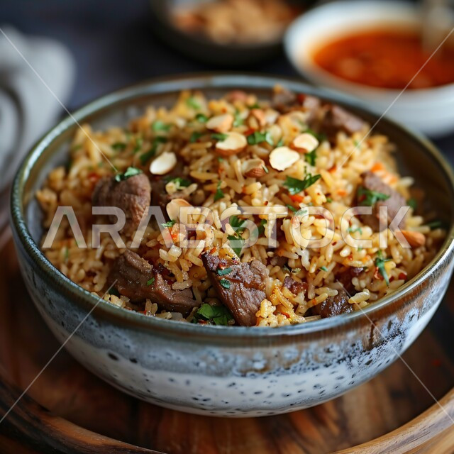 Delicious rice dish with meat and almonds, popular oriental dishes, healthy and nutritious foods, the art of serving in restaurants in the Kingdom of Saudi Arabia, delicious traditional meals, recipes for delicious Arabic dishes