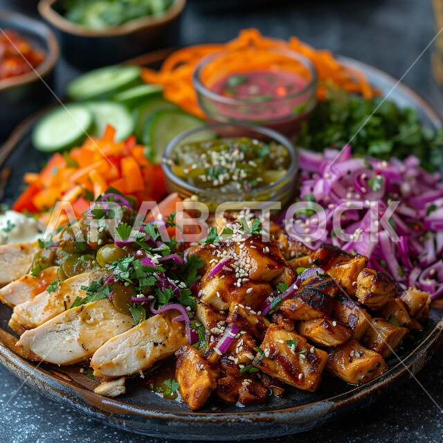 وعاء سلطة الدجاج المشوي والخضار مع بذور السمسم, فن التقديم في المطاعم في المملكة العربية السعودية, وجبات الطعام التقليدية اللذيذة, وصفات الأطباق العربية الشهية, المأكولات الشرقية الشعبية المشهورة, الأطعمة الصحية و المغذية