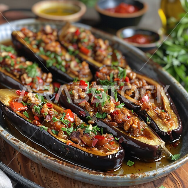 طبق من الباذنجان المحشي بالجوز والبقدونس, وجبات الطعام التقليدية اللذيذة, وصفات الأطباق العربية الشهية, المأكولات الشرقية الشعبية المشهورة, الأطعمة الصحية و المغذية, فن التقديم في المطاعم في المملكة العربية السعودية