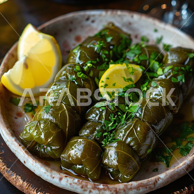 The art of serving in restaurants in Saudi Arabia, delicious traditional meals, delicious Arabic dishes recipes, popular oriental foods, healthy and nutritious foods, close-up of grape leaves stuffed with rice and herbs