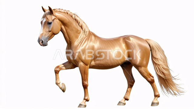 Innovative artistic designs for traditional heritage decorations and models, a wall model of an authentic Arabian golden horse, golden decorations and accessories, a symbol of chivalry and courage, the Saudis’ passion for Saudi Arabian horses, white background