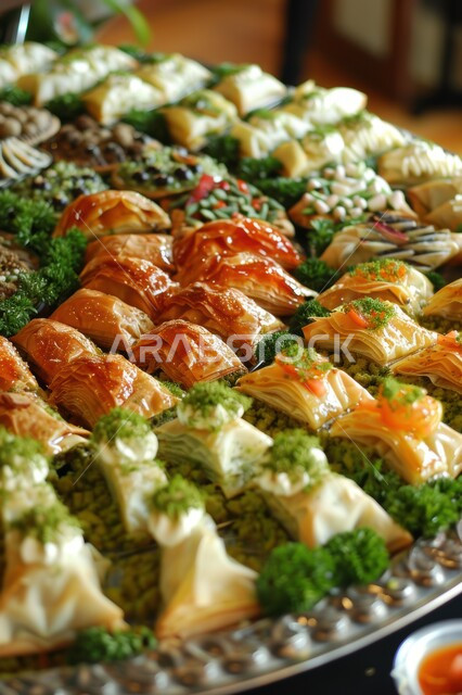 حلويات لذيذة  بالفستق والمكسرات،  قطع البقلاوة الشهية على الطريقة التقليدية، أكلات غنية بالسكريات والسعرات الحرارية، ضيافة الأعياد والمناسبات في المملكة العربية السعودية