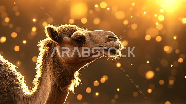 حيوان الجمل وارتباطه بالعراقة والأصالة، الاهتمام برعاية المواشي والثدييات في المملكة العربية السعودية، صورة مقربة لناقة شقراء أصيلة، تربية الجمال والابل في المحميات الطبيعية، خلفية ملونة بلون غروب الشمس