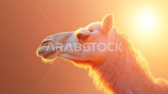 حيوان الجمل وارتباطه بالعراقة والأصالة، الاهتمام برعاية المواشي والثدييات في المملكة العربية السعودية، صورة مقربة لناقة شقراء أصيلة، تربية الجمال والابل في المحميات الطبيعية، خلفية ملونة بلون غروب الشمس