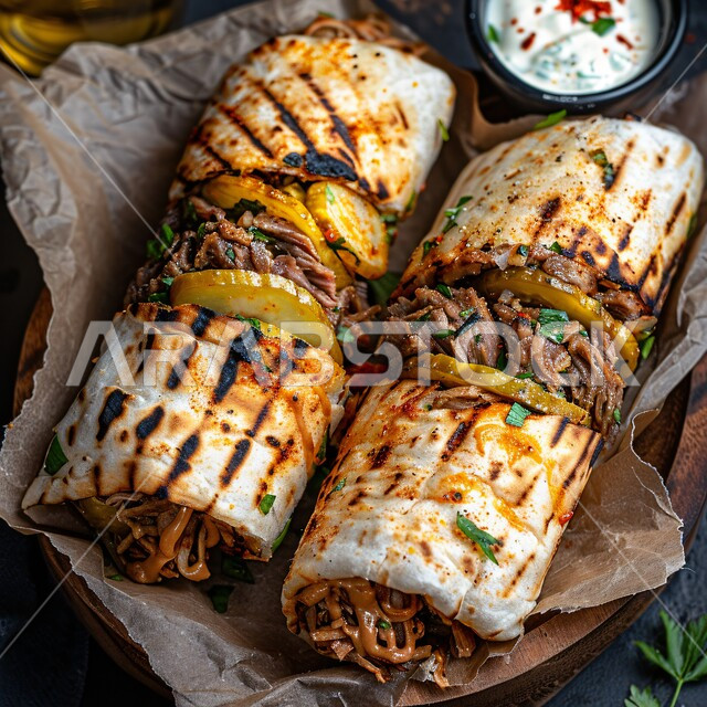 اللفائف المخبوزة المحشية باللحم البقري المشوي مع المخلل، المأكولات العربية الشرقية الشهية، فنون تقديم المعجنات والمخبوزات في مطاعم المملكة، وصفات مميزة من المطبخ السعودي، أغذية صحية ذات قيمة غذائية عالية