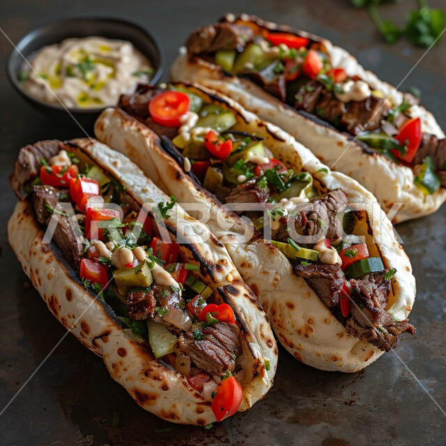 أطباق مميزة من المطبخ السعودي، قطع الخضار الطازجة بالتوابل المشوية الغنية بالنكهات بجانب أصناف اللحومات الرئيسية، اللفائف المخبوزة المحشية باللحم البقري المشوي، المأكولات العربية الشرقية الشهية، فنون تقديم المعجنات والمخبوزات في مطاعم المملكة