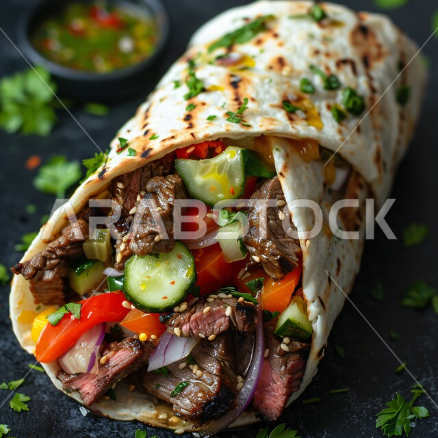 اللفائف المخبوزة المحشية باللحم البقري المشوي، المأكولات العربية الشرقية الشهية، فنون تقديم المعجنات والمخبوزات في مطاعم المملكة، أطباق مميزة من المطبخ السعودي، قطع الخضار الطازجة بالتوابل المشوية الغنية بالنكهات بجانب أصناف اللحومات الرئيسية