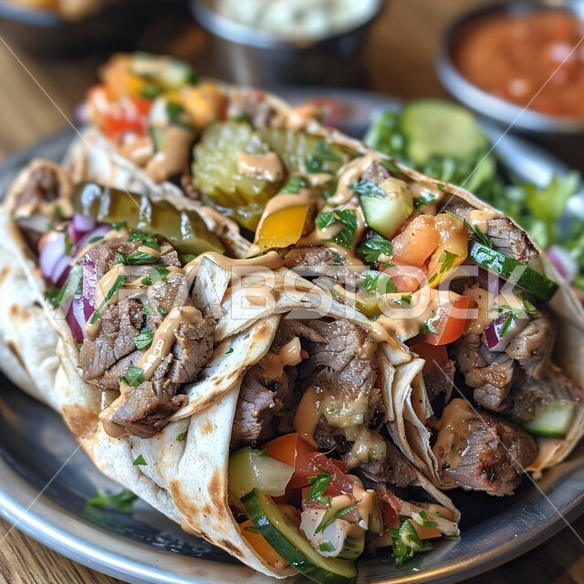 المأكولات العربية الشرقية الشهية، فنون تقديم المعجنات والمخبوزات في مطاعم المملكة، أطباق مميزة من المطبخ السعودي، قطع الخضار الطازجة بالتوابل المشوية الغنية بالنكهات بجانب أصناف اللحومات الرئيسية، اللفائف المخبوزة المحشية باللحم البقري المشوي