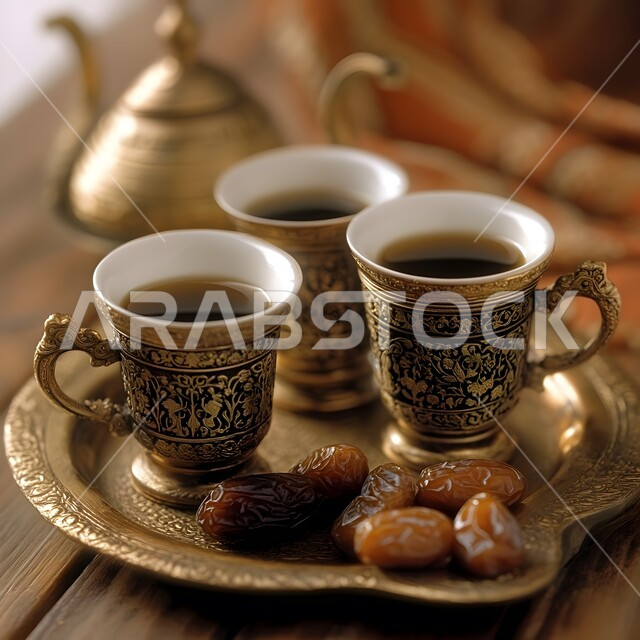 فنجان من القهوة العربية الخليجية مع التمر الشهي، أصالة العادات والتقاليد, الاستمتاع بالمشروبات الساخنة, منتجات محلية وطنية, كرم الضيافة وحسن الاستقبال في المملكة العربية السعودية