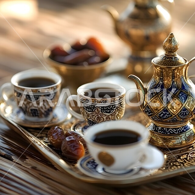 فنجان من القهوة العربية الخليجية مع التمر الشهي، أصالة العادات والتقاليد, الاستمتاع بالمشروبات الساخنة, منتجات محلية وطنية, كرم الضيافة وحسن الاستقبال في المملكة العربية السعودية