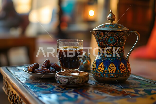 فنجان من القهوة العربية الخليجية مع التمر الشهي، أصالة العادات والتقاليد, الاستمتاع بالمشروبات الساخنة, منتجات محلية وطنية, كرم الضيافة وحسن الاستقبال في المملكة العربية السعودية