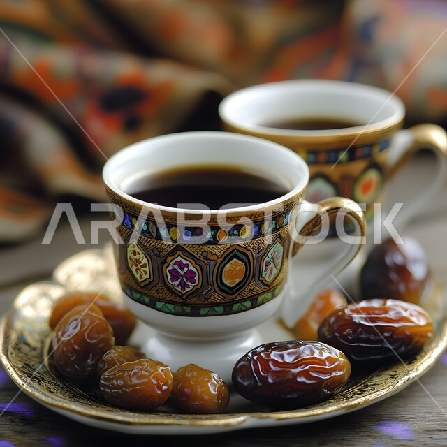فنجان من القهوة العربية الخليجية مع التمر الشهي، أصالة العادات والتقاليد, الاستمتاع بالمشروبات الساخنة, منتجات محلية وطنية, كرم الضيافة وحسن الاستقبال في المملكة العربية السعودية