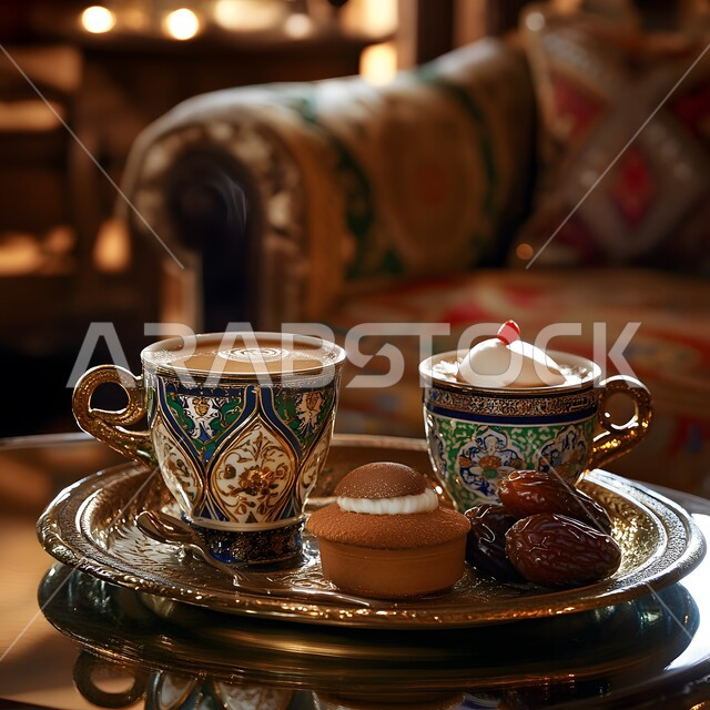فنجان من القهوة العربية الخليجية مع التمر الشهي، أصالة العادات والتقاليد, الاستمتاع بالمشروبات الساخنة, منتجات محلية وطنية, كرم الضيافة وحسن الاستقبال في المملكة العربية السعودية