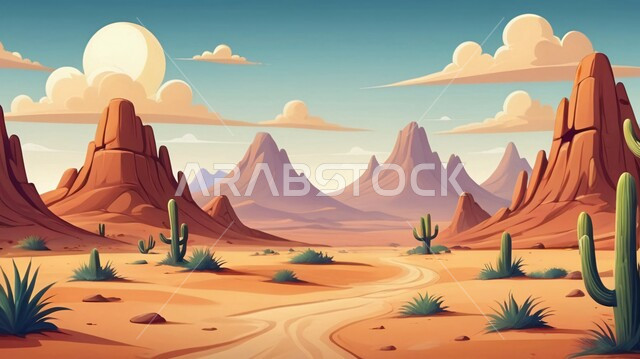 مناطق البادية والبيئة الطبيعية في السعودية، رسم توضيحي للصحراء الرمليه، نباتات برية صحراوية في البراري، منظر الغيوم في السماء, الرمال الذهبية الناعمة، التضاريس والمرتفعات والهضاب في المملكة