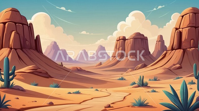 مناطق البادية والبيئة الطبيعية في السعودية، رسم توضيحي للصحراء الرمليه، نباتات برية صحراوية في البراري، منظر الغيوم في السماء, الرمال الذهبية الناعمة، التضاريس والمرتفعات والهضاب في المملكة
