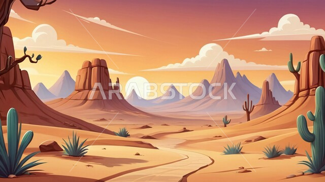 Badia regions and the natural environment in Saudi Arabia, an illustration of the sandy desert, desert wild plants in the prairies, the view of clouds in the sky, soft golden sand, terrain, highlands and plateaus in the Kingdom