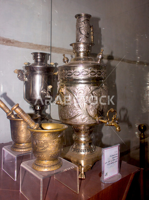 Historic archaeological tools and equipment with ancient Arab designs in Al Balad Museum in Jeddah, Saudi Arabia