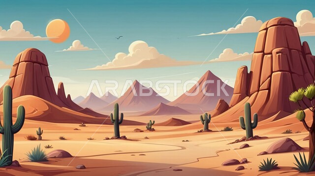 مناطق البادية والبيئة الطبيعية في السعودية، رسم توضيحي للصحراء الرمليه، نباتات برية صحراوية في البراري، منظر الغيوم في السماء, الرمال الذهبية الناعمة، التضاريس والمرتفعات والهضاب في المملكة