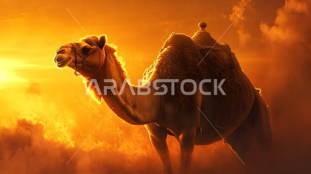 ارتباط حيوان الجمل بالعراقة والأصالة، الاهتمام برعاية المواشي والثدييات في المملكة العربية السعودية، صورة مقربة لناقة شقراء أصيلة، تربية الجمال والابل في المحميات الطبيعية، خلفية السماء وقت غروب الشمس