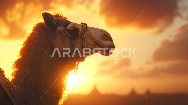 ارتباط حيوان الجمل بالعراقة والأصالة، الاهتمام برعاية المواشي والثدييات في المملكة العربية السعودية، صورة مقربة لناقة شقراء أصيلة، تربية الجمال والابل في المحميات الطبيعية، خلفية السماء وقت غروب الشمس
