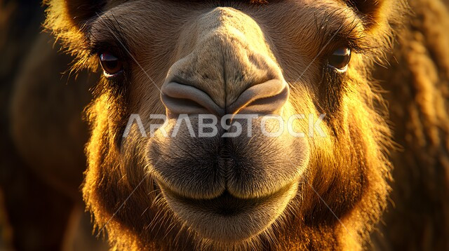  تربية الجمال والابل في المحميات الطبيعية، ارتباط حيوان الجمل بالعراقة والأصالة، الاهتمام برعاية المواشي والثدييات في المملكة العربية السعودية، صورة مقربة لوجه ناقة شقراء أصيلة