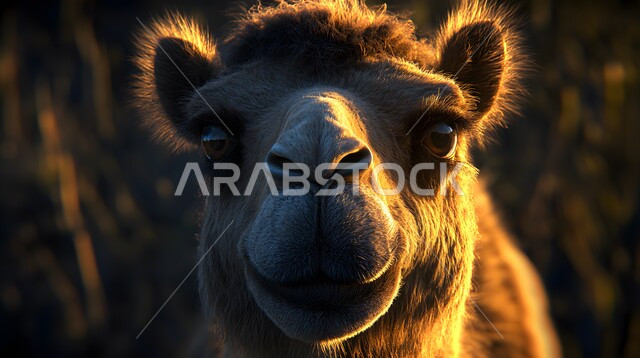 Raising camels and dromedaries in nature reserves, the association of the camel with antiquity and authenticity, interest in caring for livestock and mammals in the Kingdom of Saudi Arabia, a close-up of the face of a purebred blonde camel