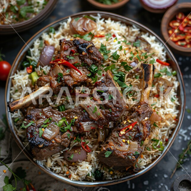 A plate of delicious Kabsa rice with lamb ribs decorated with vegetables and herbs, delicious healthy recipes and dishes, traditional Arab popular dishes, the art of food presentation in restaurants in the Kingdom of Saudi Arabia, a meal rich in proteins