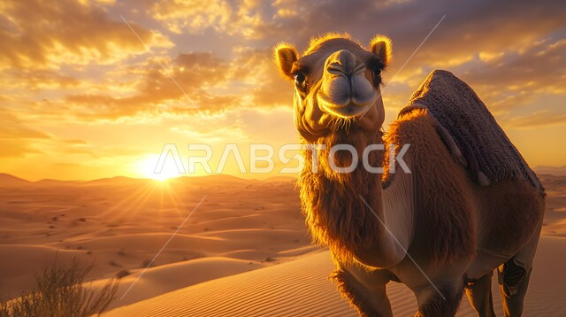 جمل عربي أصيل يقف على الرمال الذهبية اللامعة وسط الصحراء، تربية الجمال والابل في المحميات الطبيعية في المملكة العربية السعودية ، تشكلات التلال و الكثبان الرملية الناعمة، الاهتمام برعاية المواشي والثدييات في الصحاري الخليجية، خلفية السماء وقت الغروب