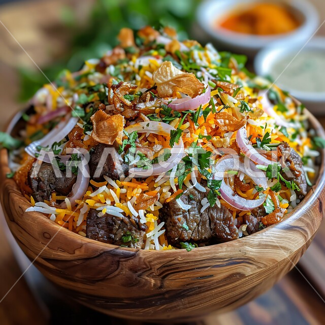 ولائم وأطباق عربية تقليدية شعبية، وصفات المأكولات والوجبات الشرقية الشهية، فنون التقديم في مطابخ ومطاعم المملكة العربية السعودية، مهارة إعداد وصفة المندي الخليجي المشهورة بالتوابل، طبق من أرز الكبسة مع قطع اللحم البقري الدسم المزين بالبصل والأعشاب