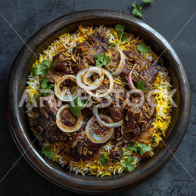 طبق من أرز الكبسة مع قطع اللحم البقري الدسم المزين بالبصل والأعشاب، ولائم وأطباق عربية تقليدية شعبية، وصفات المأكولات والوجبات الشرقية الشهية، فنون التقديم في مطابخ ومطاعم المملكة العربية السعودية، مهارة إعداد وصفة المندي الخليجي المشهورة بالتوابل 