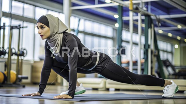 Practicing physical exercises, a Saudi Gulf Arab girl, wearing sports clothes with the hijab, physical activity to maintain health and physical fitness, activity, movement, and a healthy lifestyle.