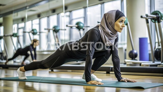 Practicing physical exercises, a Saudi Gulf Arab girl, wearing sports clothes with the hijab, physical activity to maintain health and physical fitness, activity, movement, and a healthy lifestyle.