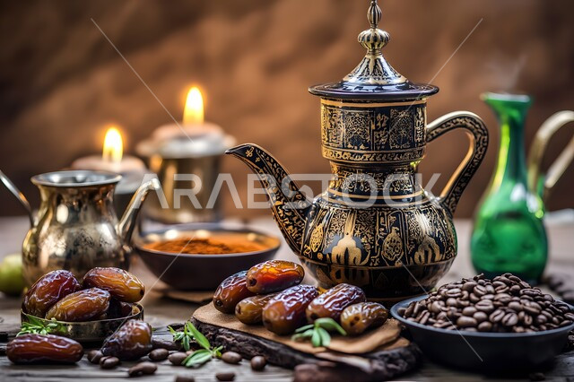 أصالة العادات والتقاليد, فنجان من القهوة العربية الخليجية مع التمر الشهي، الاستمتاع بالمشروبات الساخنة, منتجات محلية وطنية, كرم الضيافة وحسن الاستقبال في المملكة العربية السعودية