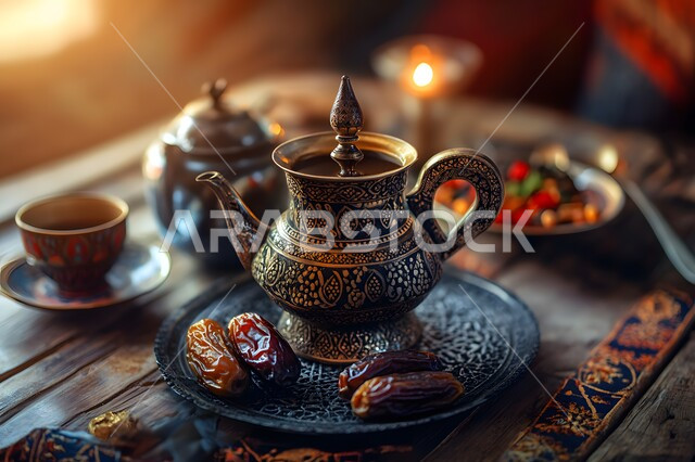 أصالة العادات والتقاليد, فنجان من القهوة العربية الخليجية مع التمر الشهي، الاستمتاع بالمشروبات الساخنة, منتجات محلية وطنية, كرم الضيافة وحسن الاستقبال في المملكة العربية السعودية