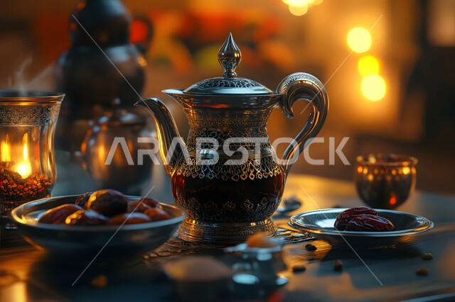 Authenticity of customs and traditions, a cup of delicious Gulf Arabic coffee with dates, enjoying hot drinks, local national products, hospitality and good reception in the Kingdom of Saudi Arabia