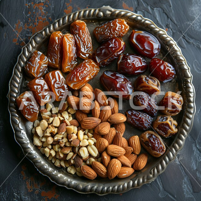 تمور ومكسرات  متنوعة لذيذة، غذاء صحي مفيد، وجبة غذائية عالية الأهمية، منتجات ومحاصيل زراعية محلية سعودية وطنية، ضيافة رمضانية و وحلويات شرقية شهية، طبق فضة مليء بالتمر واللوز الطازج