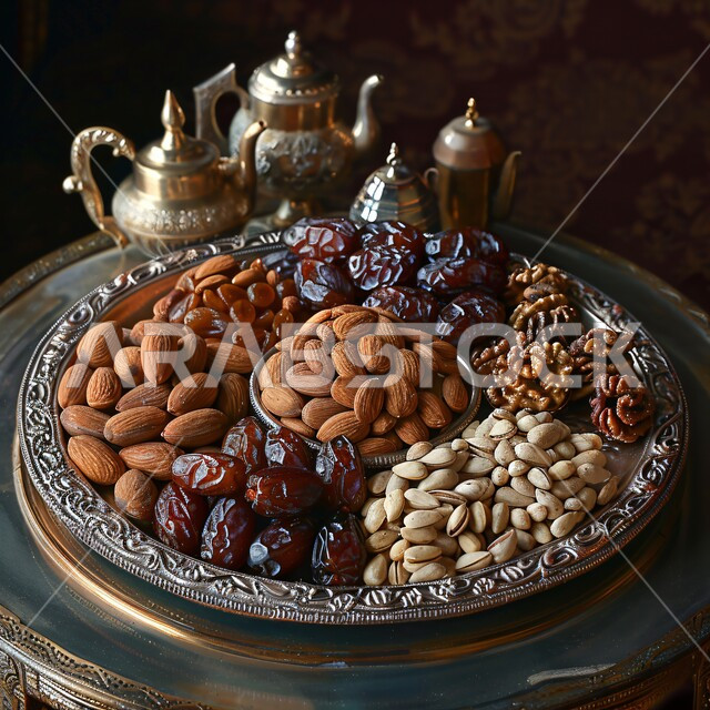 طبق فضة مليء بالتمر واللوز والجوز الطازج، تمور ومكسرات  متنوعة لذيذة، غذاء صحي مفيد، وجبة غذائية عالية الأهمية، منتجات ومحاصيل زراعية محلية سعودية وطنية، ضيافة رمضانية و وحلويات شرقية شهية