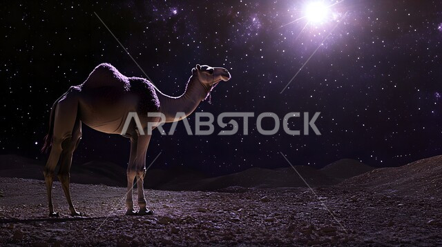 حيوان الجمل يقف فوق الرمال الناعمة وسط صحراء المملكة العربية السعودية في وقت الليل, الاهتمام في تربية الجمال و الإبل, العناية بالثدييات والمواشي، التكوينات والتشكيلات الرملية في المناطق الصحراوية، خلفية السماء المرصعة بالنجوم المضيئة في الظلام