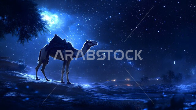 حيوان الجمل يقف فوق الرمال الناعمة وسط صحراء المملكة العربية السعودية في وقت الليل, الاهتمام في تربية الجمال و الإبل, العناية بالثدييات والمواشي، التكوينات والتشكيلات الرملية في المناطق الصحراوية، خلفية السماء المرصعة بالنجوم المضيئة في الظلام
