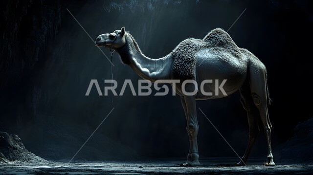 Camel standing on soft sand in the middle of the Saudi Arabian desert at night, interest in raising camels and dromedaries, care of mammals and livestock, sand formations and formations in desert areas