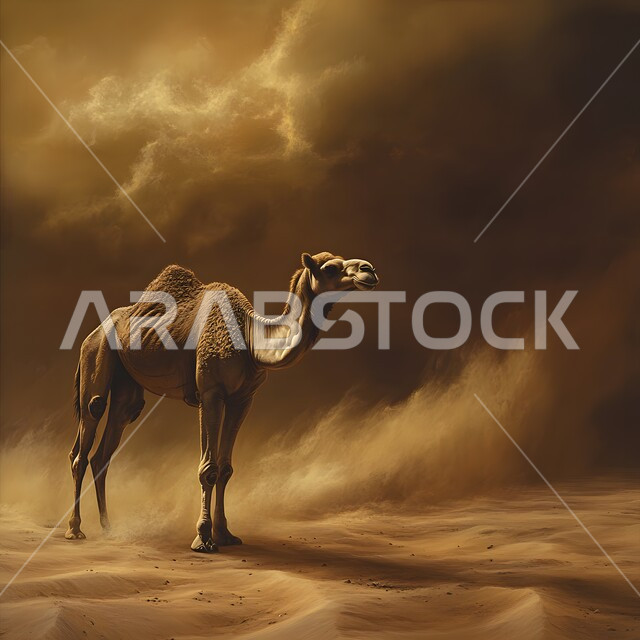 Natural phenomena and disasters, the stormy, raging atmosphere laden with dust and dirt in the deserts of Saudi Arabia, a camel standing in the middle of a strong sandstorm, the power of camels to confront whirlwinds and storms in the desert