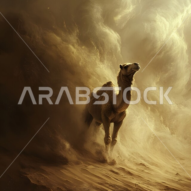 الظواهر والكوارث الطبيعية، الجو العاصف الهائج المحمل بالغبار والأتربة في صحاري السعودية، حيوان الجمل يقف في وسط العاصفة الرملية القوية، قوة حيوانات الإبل على مواجهة الزوابع والعواصف في الصحراء