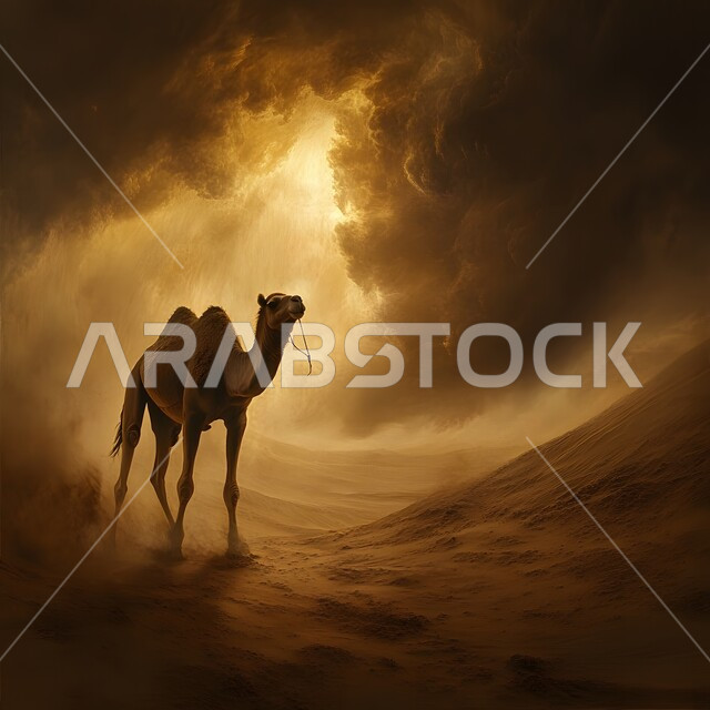 الظواهر والكوارث الطبيعية، الجو العاصف الهائج المحمل بالغبار والأتربة في صحاري السعودية، حيوان الجمل يقف في وسط العاصفة الرملية القوية، قوة حيوانات الإبل على مواجهة الزوابع والعواصف في الصحراء