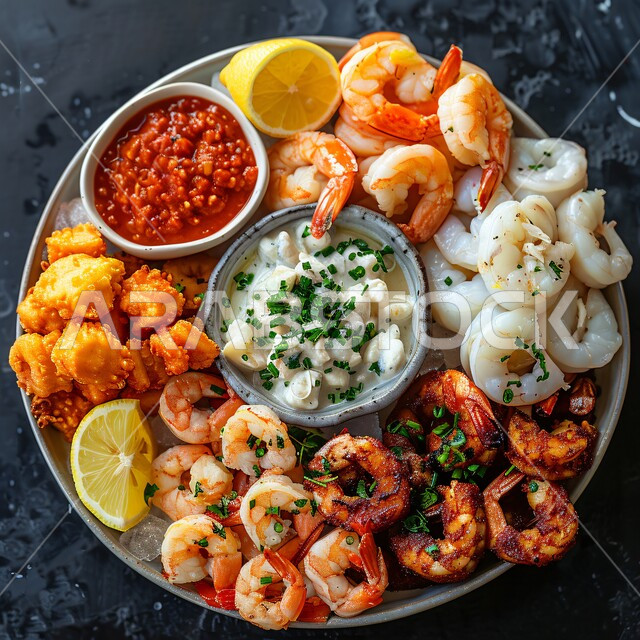 الأطباق والمقابلات والأصناف العربية الشرقية اللذيذة، وجبات غذائية صحية غنية بالبروتين، المأكولات البحرية الشهية، صورة مقربة لطبق كبير من تشكيلة متنوعة من الجمبري مع الصلصات والليمون، فنون تقديم الطعام بطريقة عصرية ومبتكرة في المطابخ والمطاعم السعودية